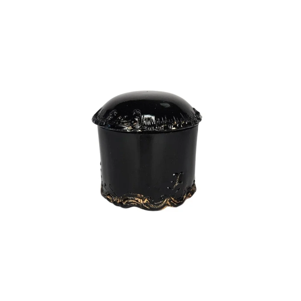 Antique Victorian Black Glass Vanity Powder Lidded Jar With Gold Trim Cottage